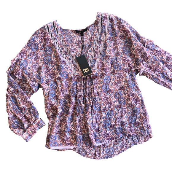 Frye purple floral long sleeve ruffle v neck blouse sheer boho tunic peasant - Picture 2 of 11